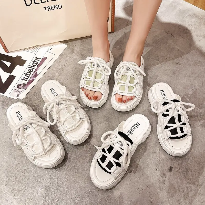 

Shoes Woman 2021 Female Slippers Luxury Slides Low New Designer Summer Sneaker Flat Soft Lace-Up PU Rubber Rome Basic Flat Shoes