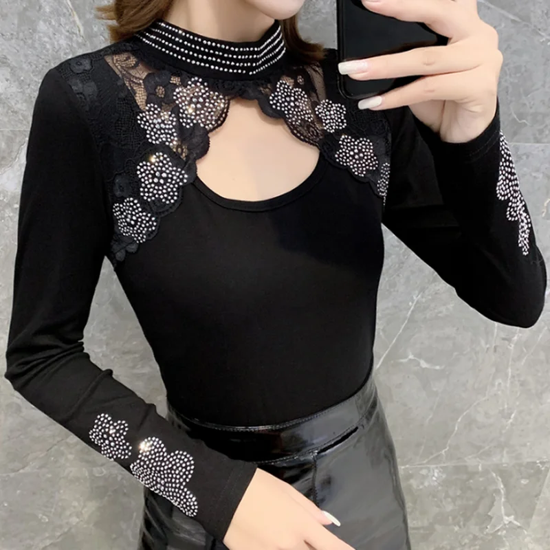 Женская футболка Стразы с цветочным принтом 2019 весенне-осенне-зимние топы