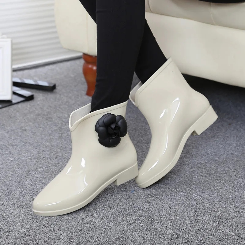 

Women Flower Bowtie Ankle Boot Winter Rain Boots Female Waterproof Solid Rubber Platform Rain Shoes Ladies Footwear