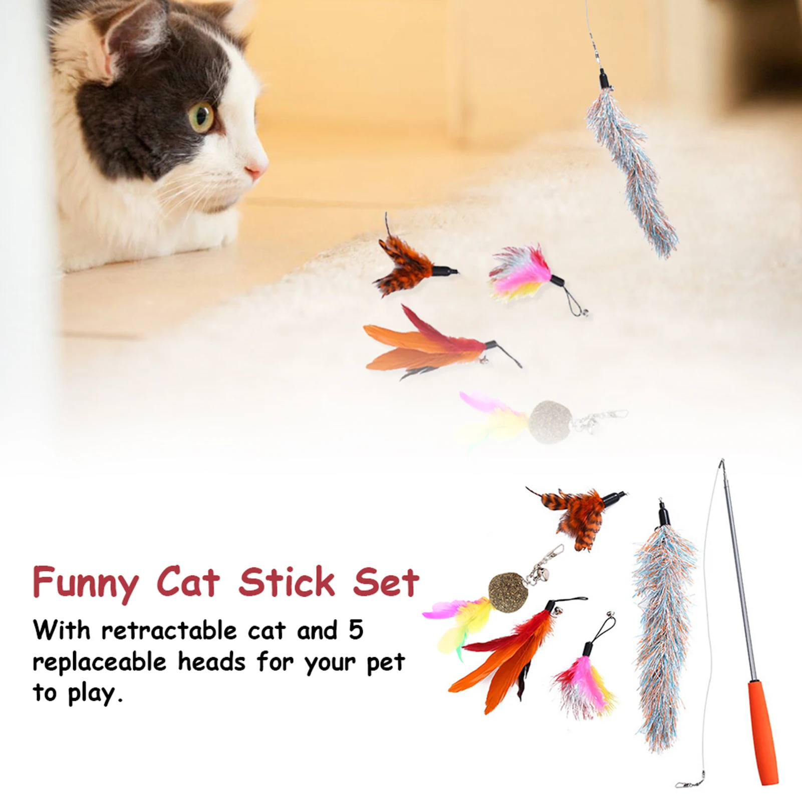 

Telescopic Cat Feather Toy With Replacement Head Cat Stick Toy With Retractable Cat And 5 Replaceable Heads