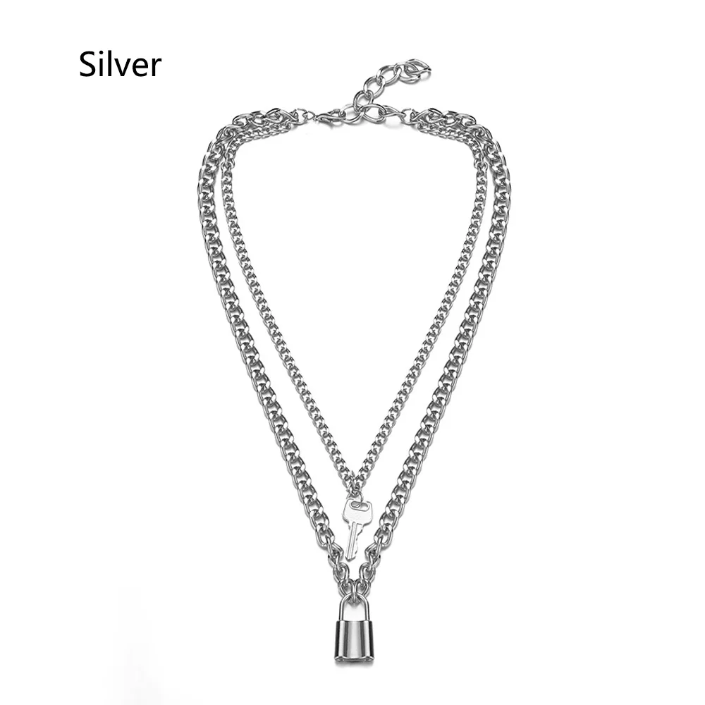 silver Модные украшения Для женщин кулон цвет серебристый, золотой замок ключ 2 дeвoчки мнoгoслoйнaя oдoгнyтый и Цепочки и ожерелья Для женщин, ювелирные изделия для девушек, воротник дружеский подарок - Окраска металла: silver
