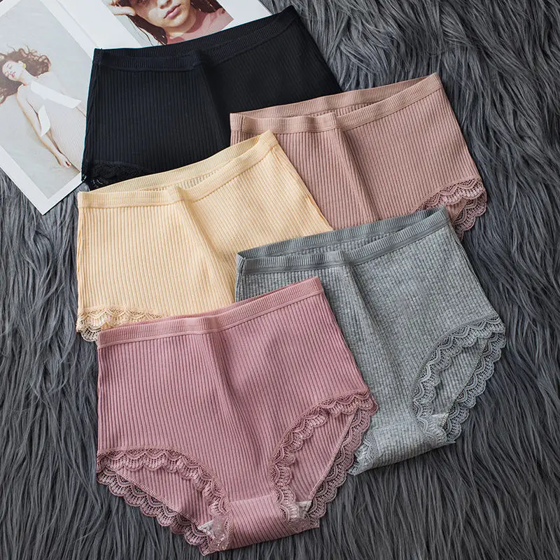 

Women's High Waist Underwear Cotton Panties Sexy Lace Belly Contracting Solid Colour Lingerie Female Briefs 4Pieces