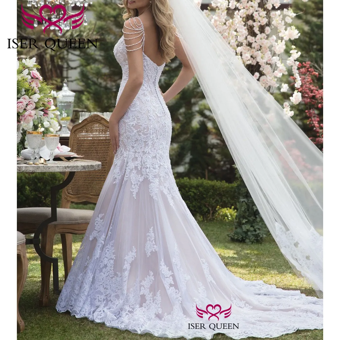 Свадебные платья русалки с v-образным вырезом и рукавами-крылышками Белое