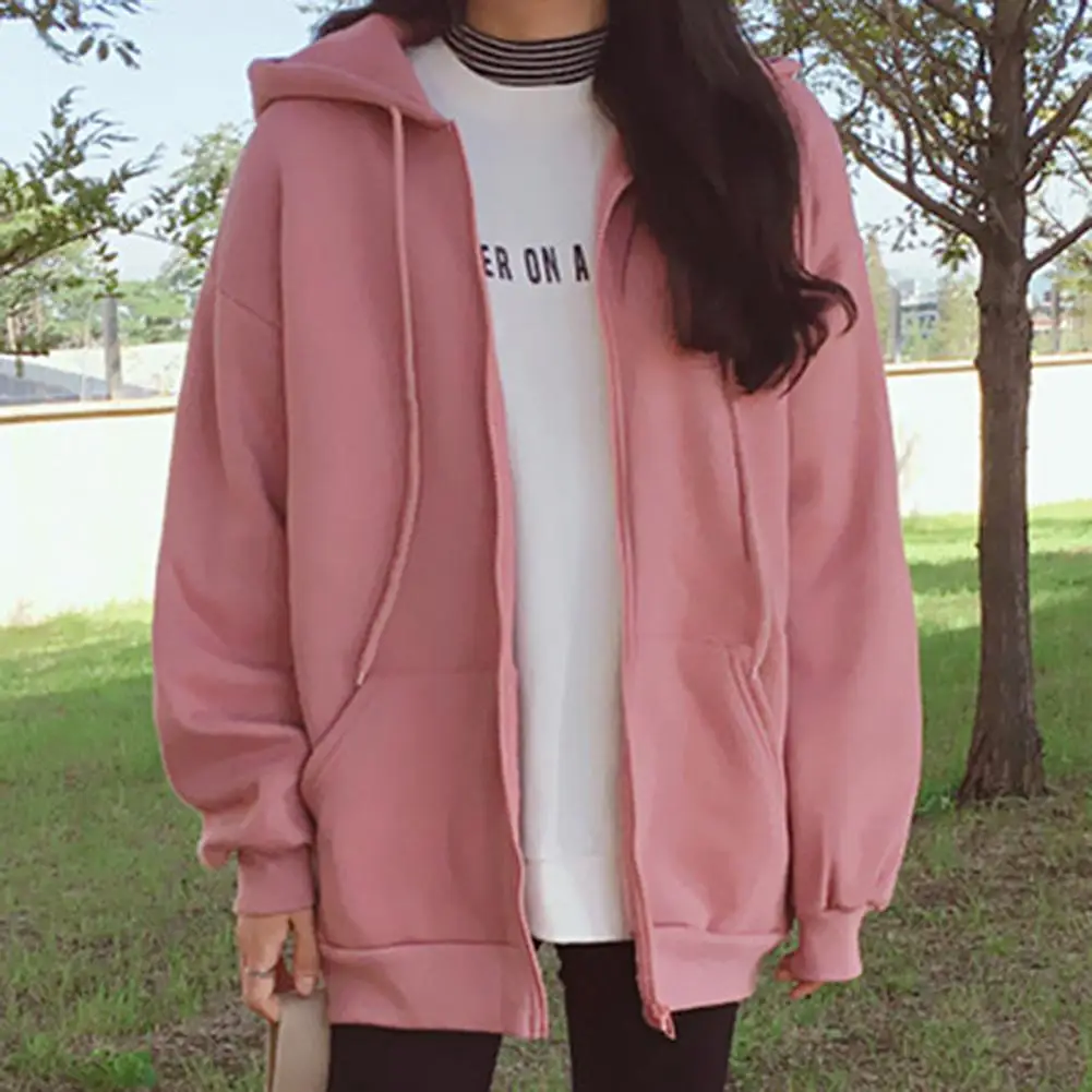

Thin Texture Front Opening Hooded Overcoat Women Hoodie Solid Color Drawstring Skin-friendly Coat for Winter