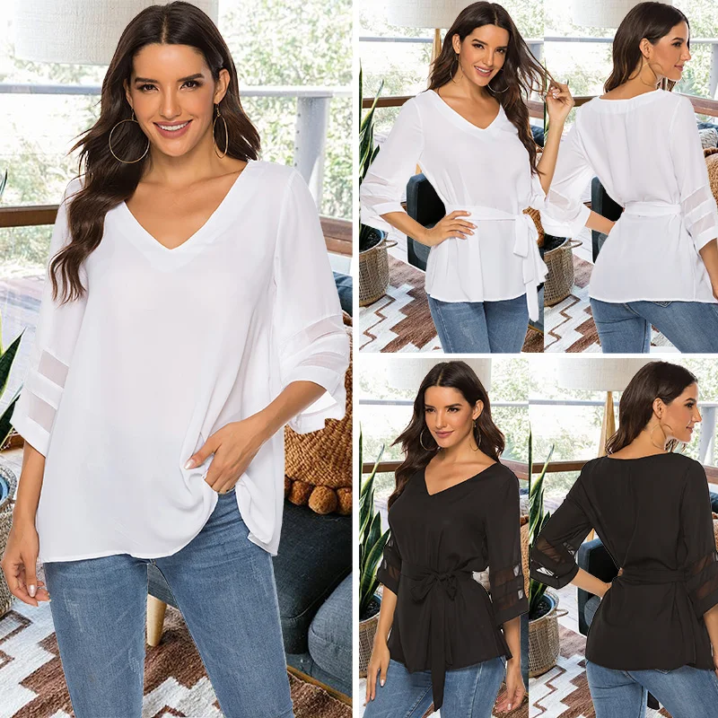 

Shirts Top With Belt V-Neck Flare Sleeve Mesh Patchwork New Women Lady Clothing Summer White Brief Three Quarter Sleeve