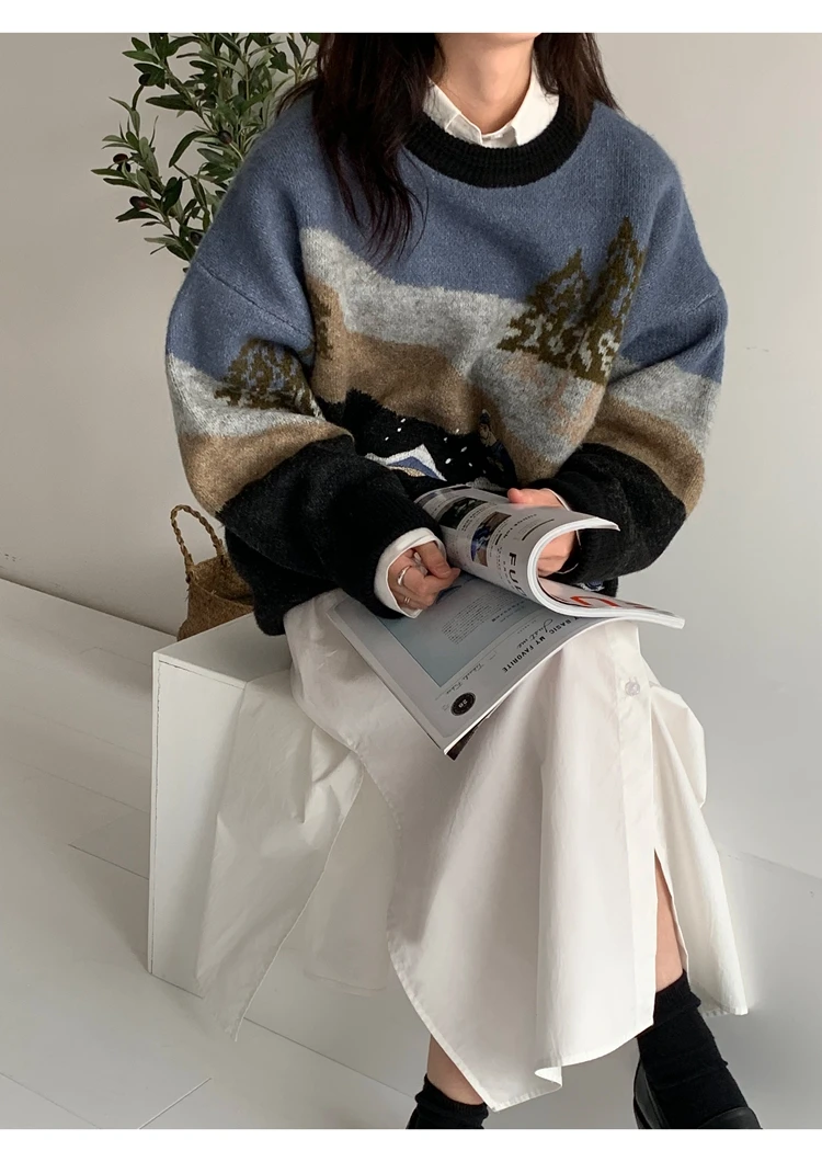 Woherb Pull Femme, осенне-зимний вязаный свитер в стиле Харадзюку, Женский контрастный пуловер с мультяшной вышивкой, джемпер, корейские свитера