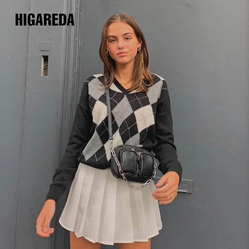 

Женский трикотажный джемпер HIGAREDA, Черный винтажный Повседневный пуловер в клетку с длинным рукавом и V-образным вырезом, в стиле преппи, Y2K, о...