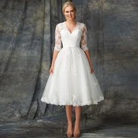 short wedding dresses 2021 tea length bride dress v neck half sleeves robe de mari%c3%a9e vestido de novia a line elegant gowns wed