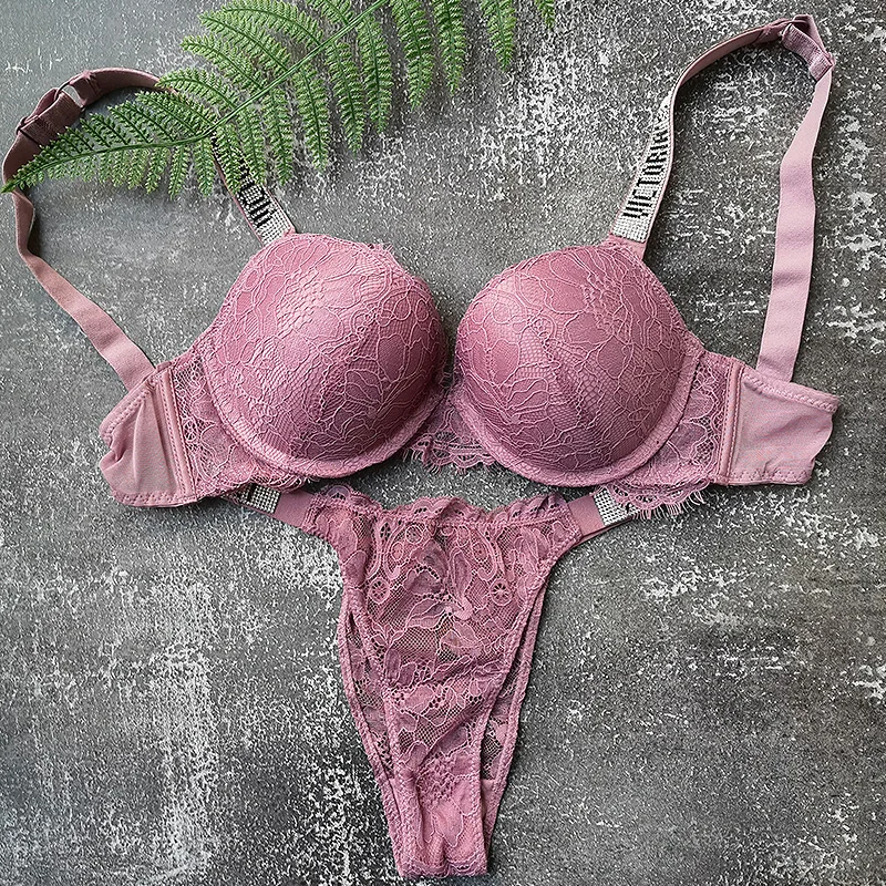 

Luxury Pink Sexy Lingerie Women Bikini Thong Underwear Women's Panties Adjustable Push Up Bra Set Letter Lingerie