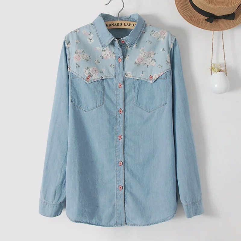 

Women Floral Print 100% Cotton Denim Shirts Spring Autumn Vintage Japan Style Patchwork Retro Blouses Female Harajuku Blusas