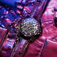 fashion men business fashion double tourbillon hollow watches moon phase leather watch men automatic mechanical skeleton clock