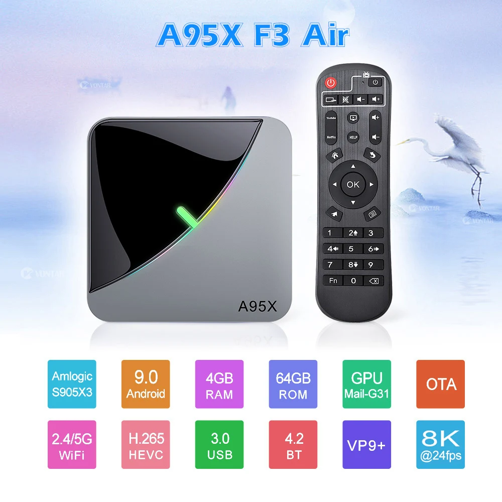 ТВ приставка A95X F3 RGB светильник на Android 9 0 4 ГБ 64 32 Amlogic S905X3 8K 60fps Wi Fi Netflix медиаплеер