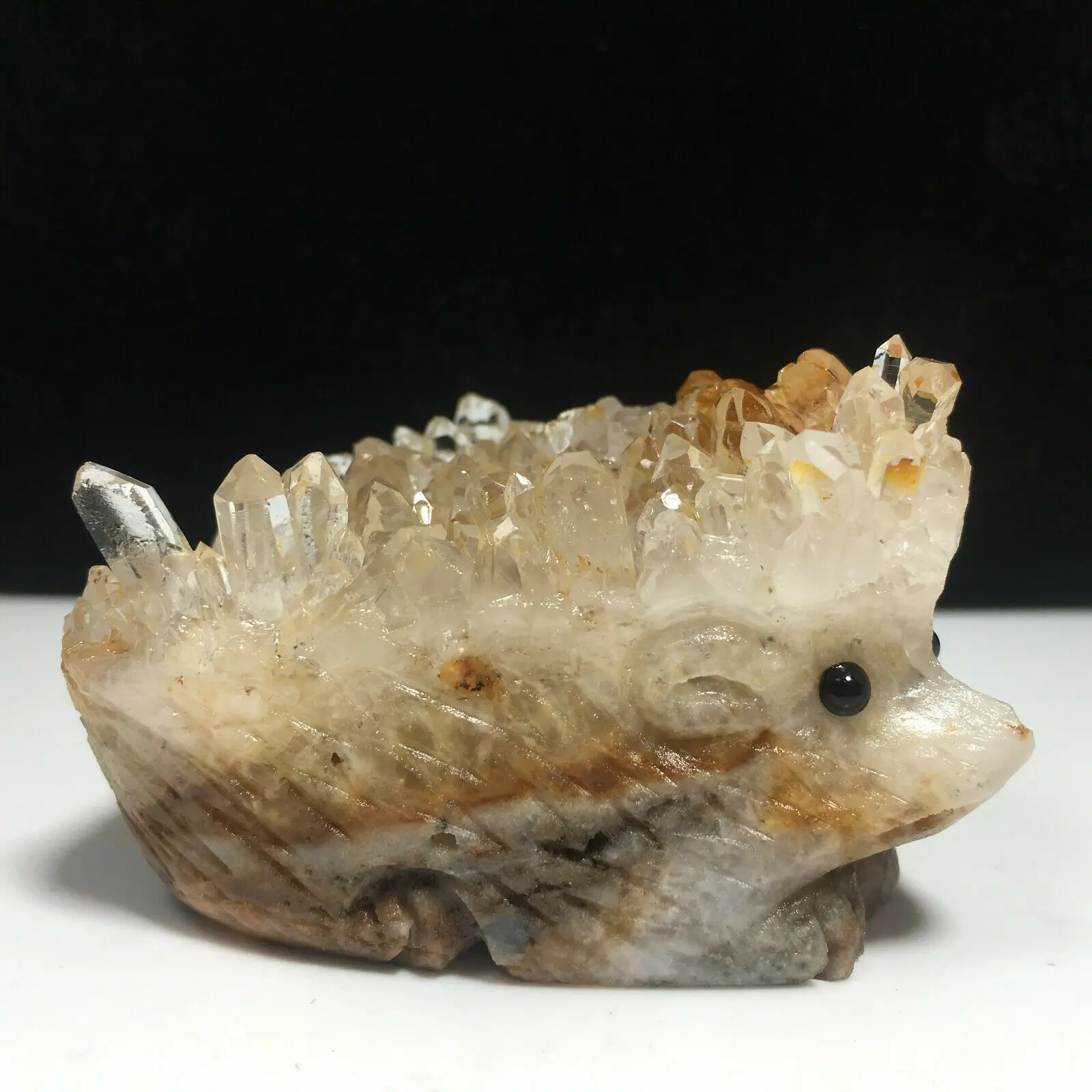 

Natural crystalline clusters of quartz mineral samples, hand carved hedgehog healing