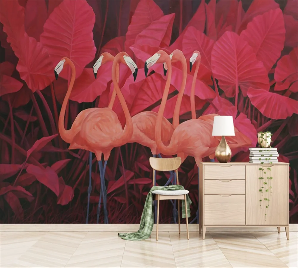 3D-обои на заказ красные тропические растения листья фламинго | Строительство и