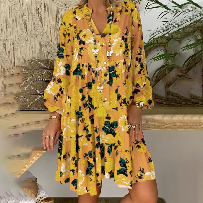 

Fashion Printed Women Dresses Summer Long Sleeve Button Loose Midi Dress Big Swing Boho Casual Dress Vestido Flower Sundress