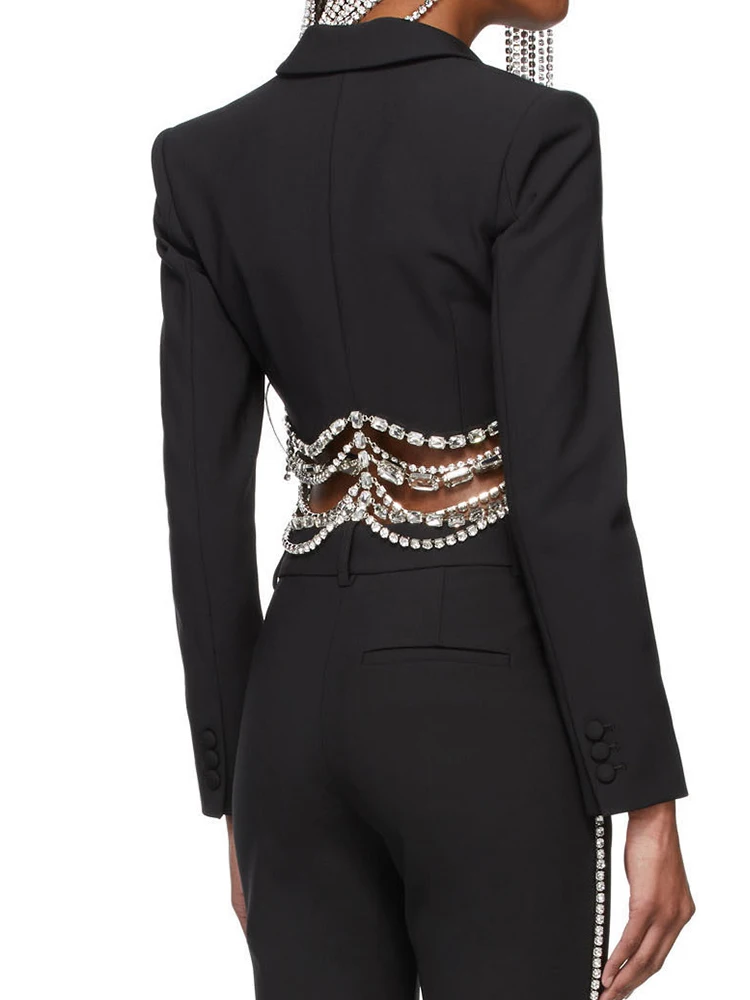 2021 Spring Women Clothing Black Deep V-Neck Short Slim Suit Sexy Drape Diamond Chain Open Waist Long-Sleeved Jacket Streetwear