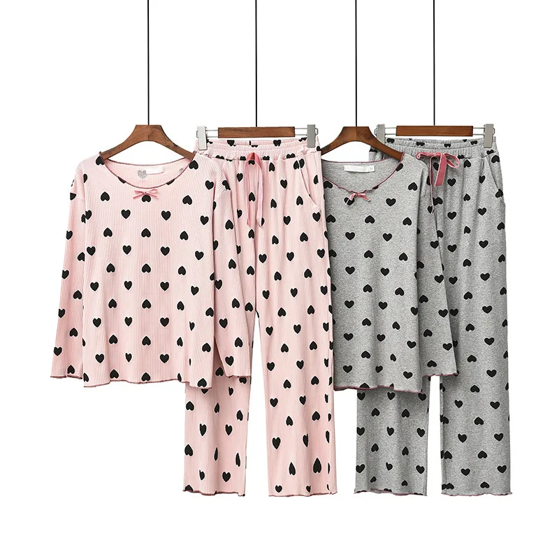 

Spring and Autumn Women's Cotton Pit Strip Pajamas Peach Heart Love Full Printing Cute Long Sleeve Two-piece Home Service Suit
