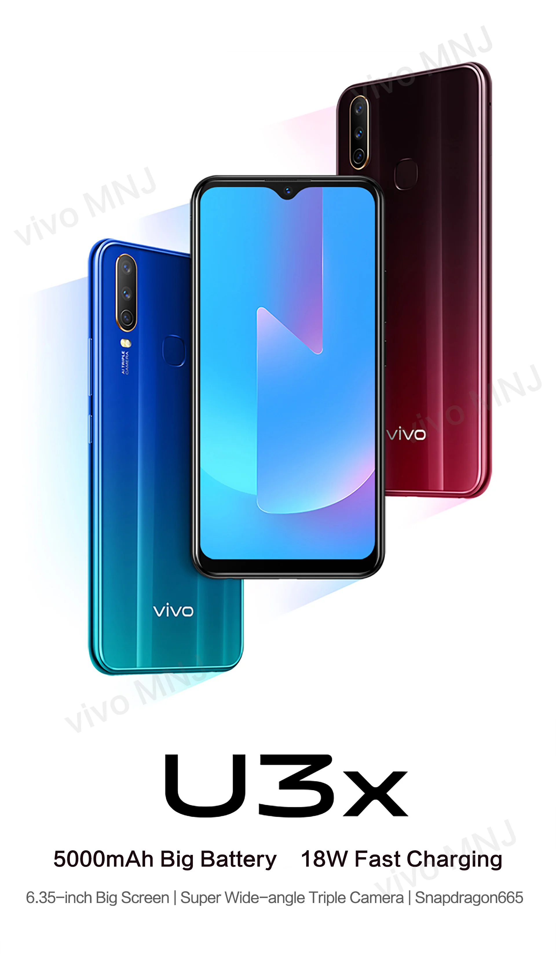 vivo U3x Celular 6,35 дюймов экран 3g 32G Snapdragon665 5000 мАч батарея мобильные телефоны 18 Вт зарядка мобильный телефон android