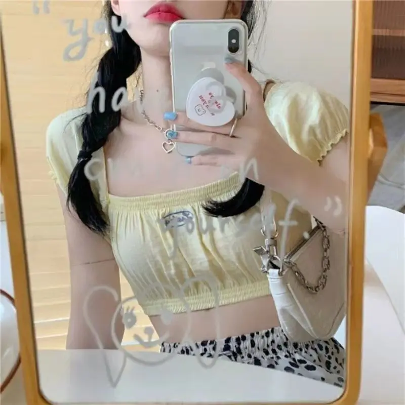 

Women Dress Sets Short Puff Sleeve Super-short Top Embroidery Mini Sleeveless Vestido Side-split Skinny Slender Sweet Summer Set