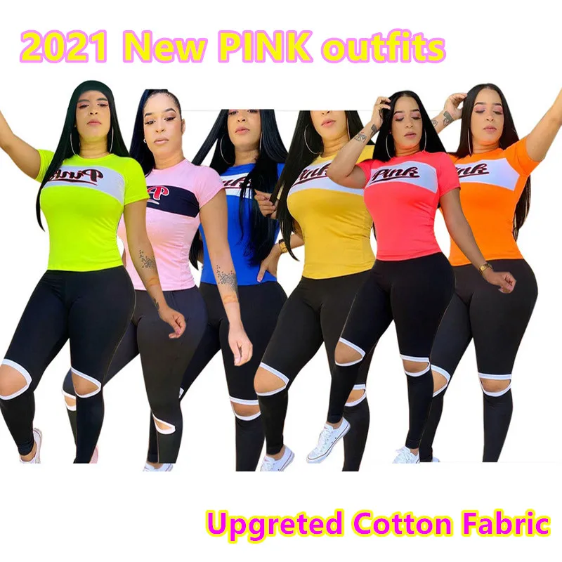 

Casual Women Set Pink Letter Print Tracksuit Women Short Sleeve Tshirt Leggings Pants Suit 2 Piece Outfits Set Street Sweatsuit