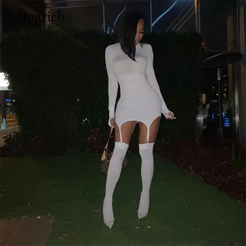 

Solid Bodycon Garter Women Mini Dress with Stocking Long Sleeve Sexy Clubwear Skinny Party Dresses Autumn 2021 Hot Slim
