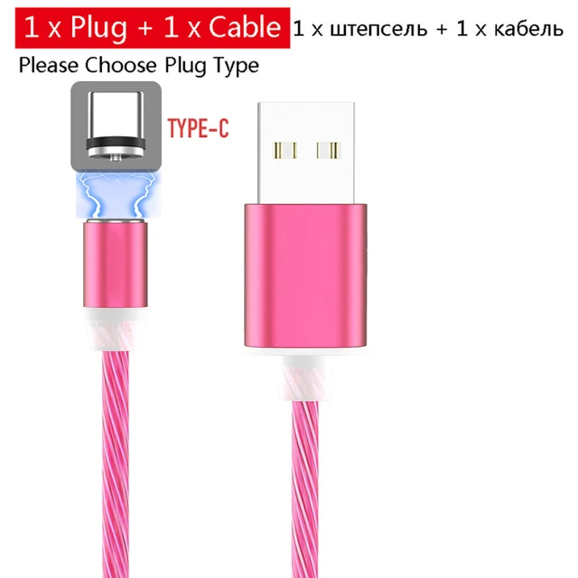 Pink for Type-c 1 м светящееся освещение Магнитный usb-кабель для iPhone XR X 7 8 Micro type C зарядное устройство Быстрая зарядка магнит зарядка USB-C type-C - Цвет: Pink for Type-c