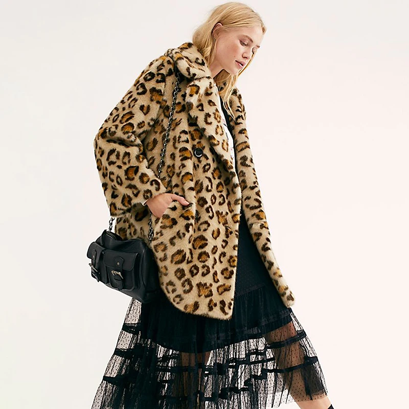 

Fashion Women's Coat Winter Double-sided Fleece Leopard Print Thick Winter Warm Coat Women Long Sleeve Pockets manteau femme
