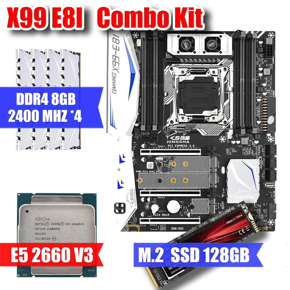 

X99 E8I DESKTOP MOTHERBOARD & CPU E5 2660 V3 & DDR4 8GB*4 MEMORY & M.2 NVME 128GB SSD COMBINATION KIT SUPPORT INTEL XEON E5