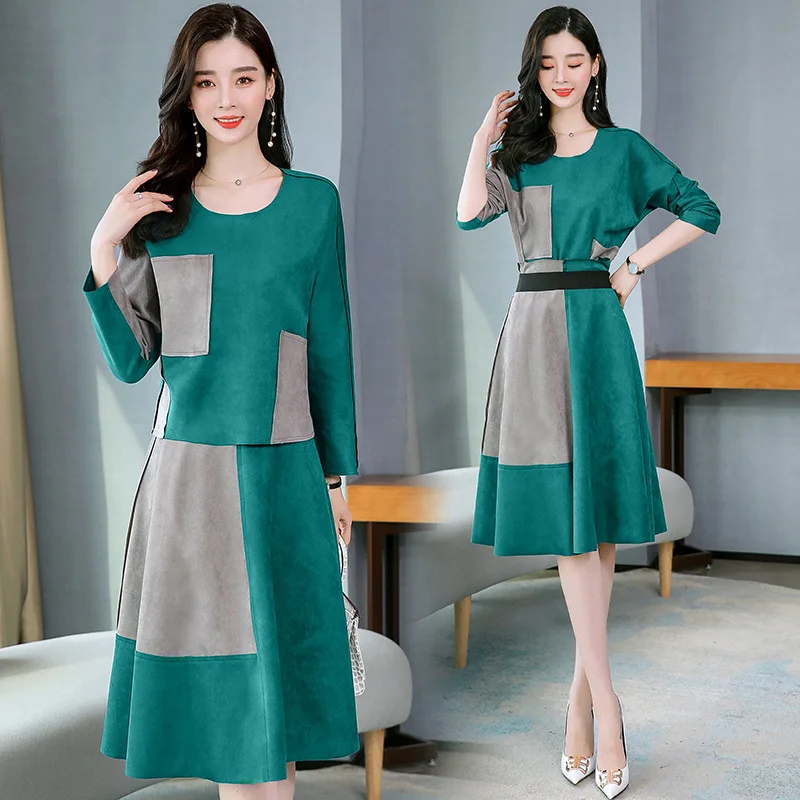 

Fashion dress suit 2021 spring new Korean versatile waist slim patchwork velvet dress two piece set