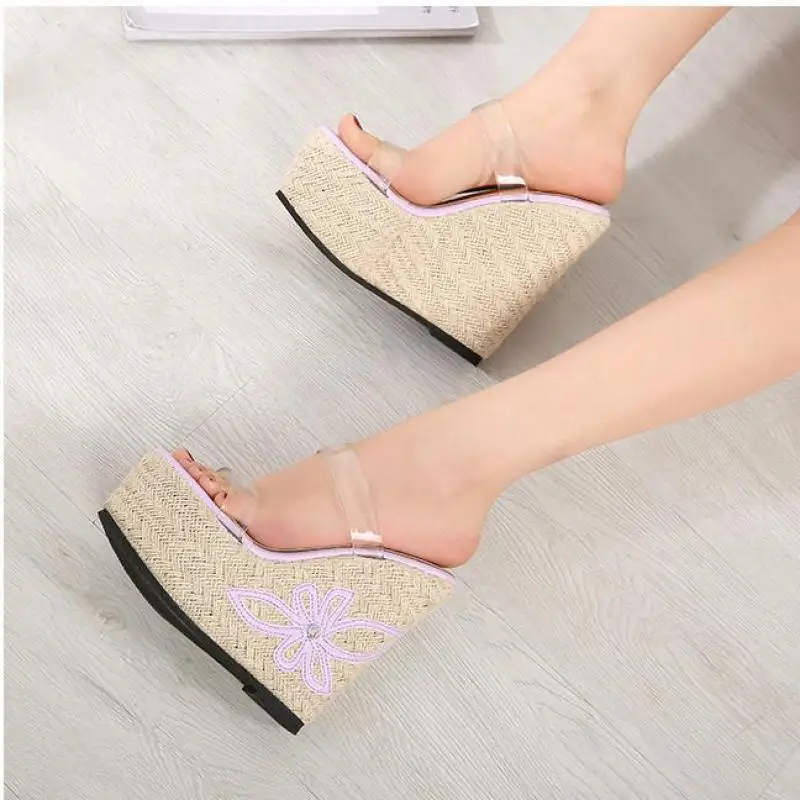 Сандалии женские на платформе 15 см босоножки высоком прозрачном каблуке