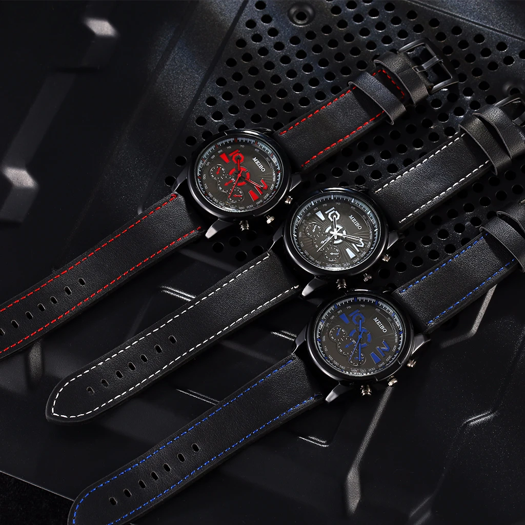 

2020 New Men Leather Military Watch Luxury MEIBO Man Sport Watches Quartz Clock Relogio Masculino Wristwatch Relojes Saat hours