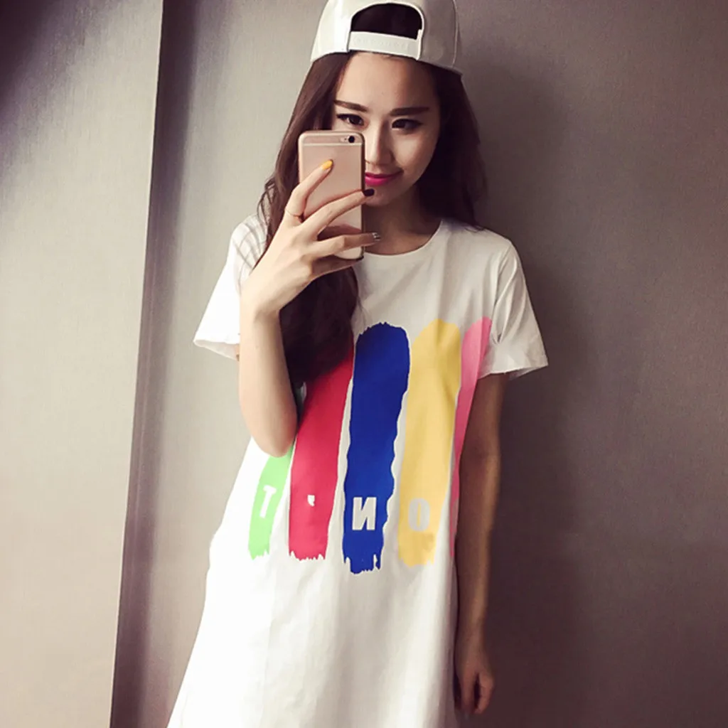 Женское платье-футболка с коротким рукавом круглым вырезом и | Женская одежда