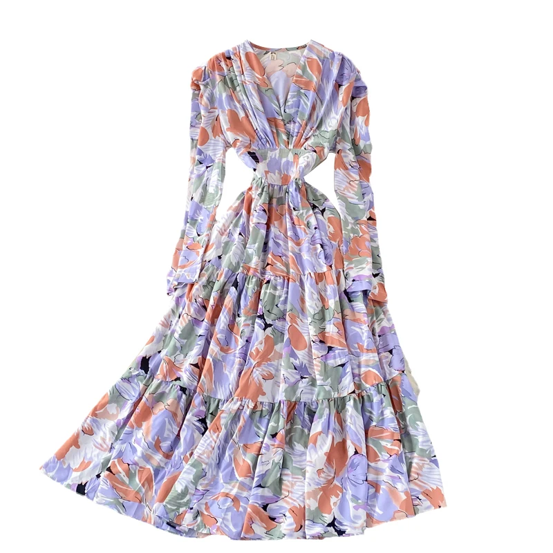 

Autumn Women Floral Long Dress Sexy V-Neck Long Sleeve A-Line Draped Vestidos Female Flower Printed Party Maxi Robe 2021 New