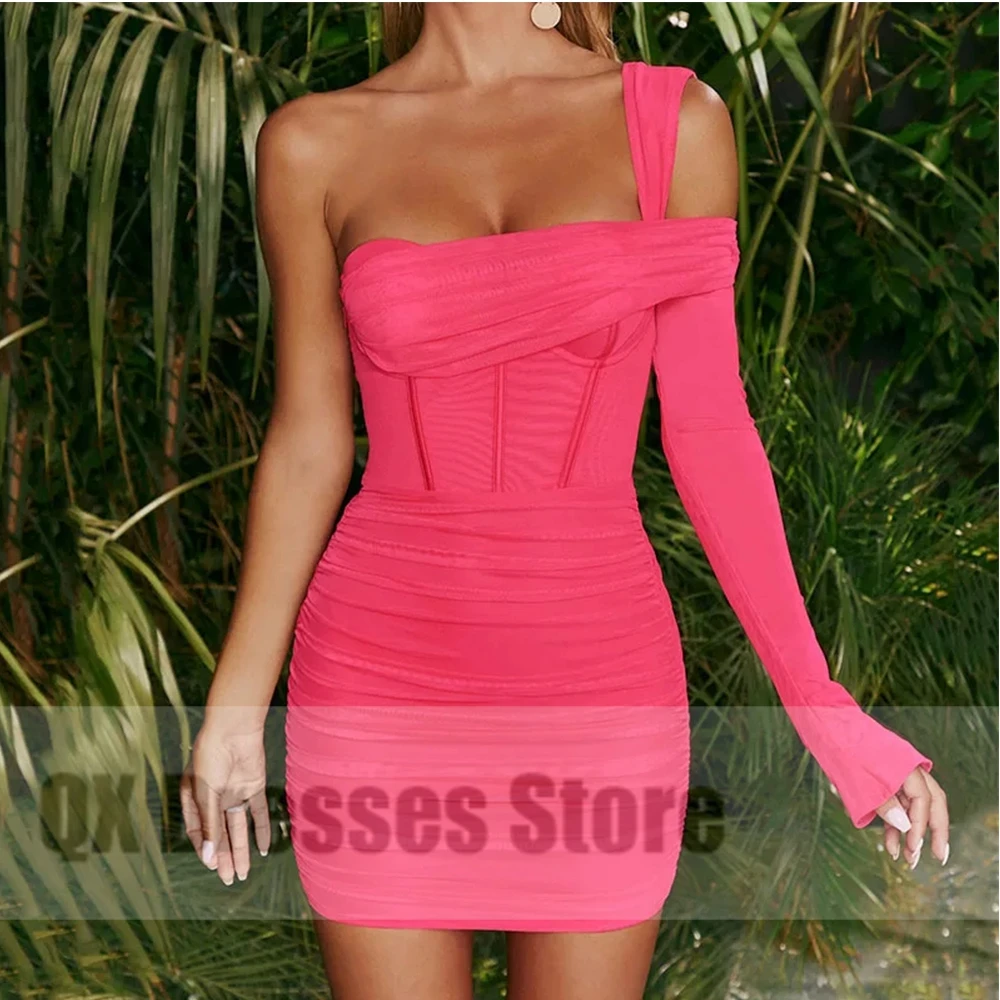 

Pink One Shoulder Strapless Mini Dress Sexy Backless Sheath Mermaid Fashion Women Sexy Night Club Party 2022 Custom Made
