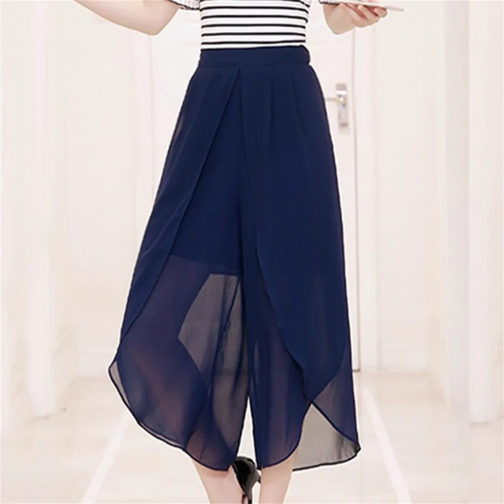 Однотонные шифоновые широкие брюки для женщин с высокой талией тянущиеся