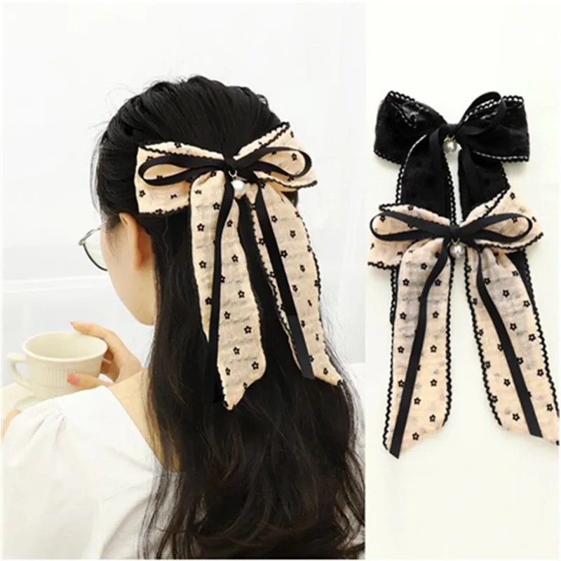 

Ponytail Bow Hair Clips Flowers Print Mesh Hair Ribbons Barrettes New Hair Accessories Long Bow Snap Clips Girls Headwear