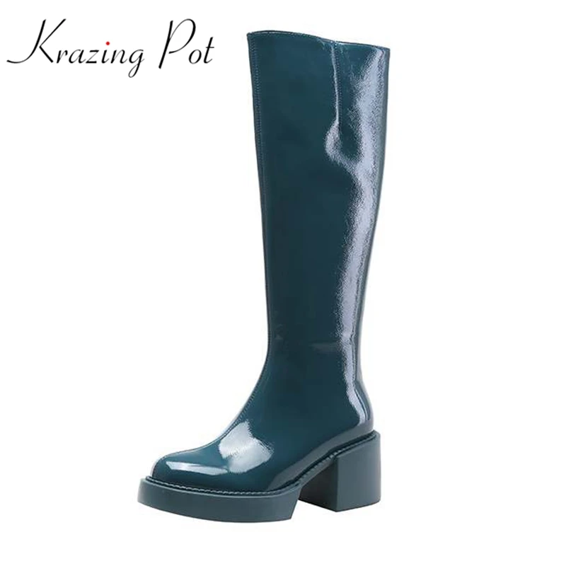 

Krazing pot microfiber leather round toe keep warm blue color thick high heels zip equestrian platform boots thigh high boots