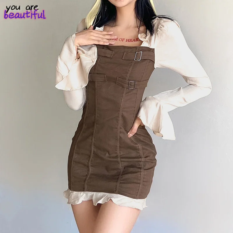 

Sweet Vintage Square Collar Dress Ruffle Long Sleeve Patchwork Hip Package Bodycon Women Streetwear Aesthetic Party Mini Dress