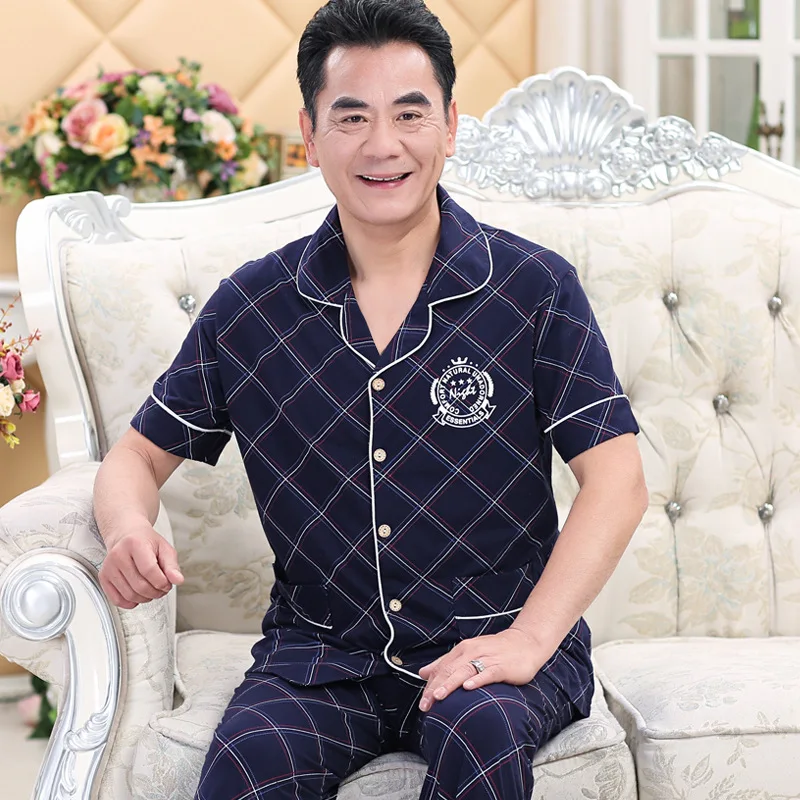 

Пижама мужская из 100% хлопка, кардиган с коротким рукавом и брюки, одежда для сна для отца среднего возраста, домашняя одежда, 3XL, на лето