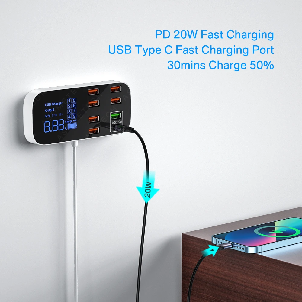 8 ports led 40w usb charger hub quick charge qc3 0 fast charger adapter type c usb c charger for iphone samsung xiaomi huawei free global shipping
