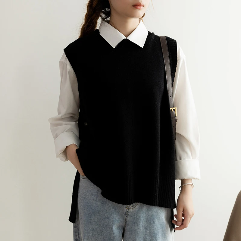 

Autumn Winter 100% Cashmere Sweater Vest Women Sleeveless O-Neck Knitted Female Solid Color Casual Tank Tops Oversized Pullovers