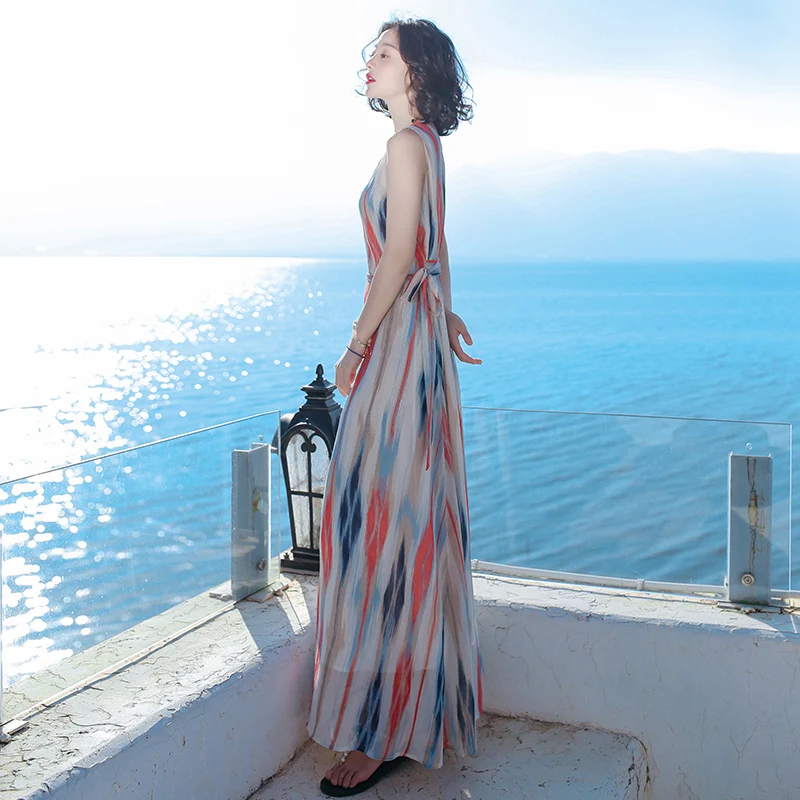 

New stripe dress women's fashion summer elegant dress sleeveless beach dress printed women's dress SS1084