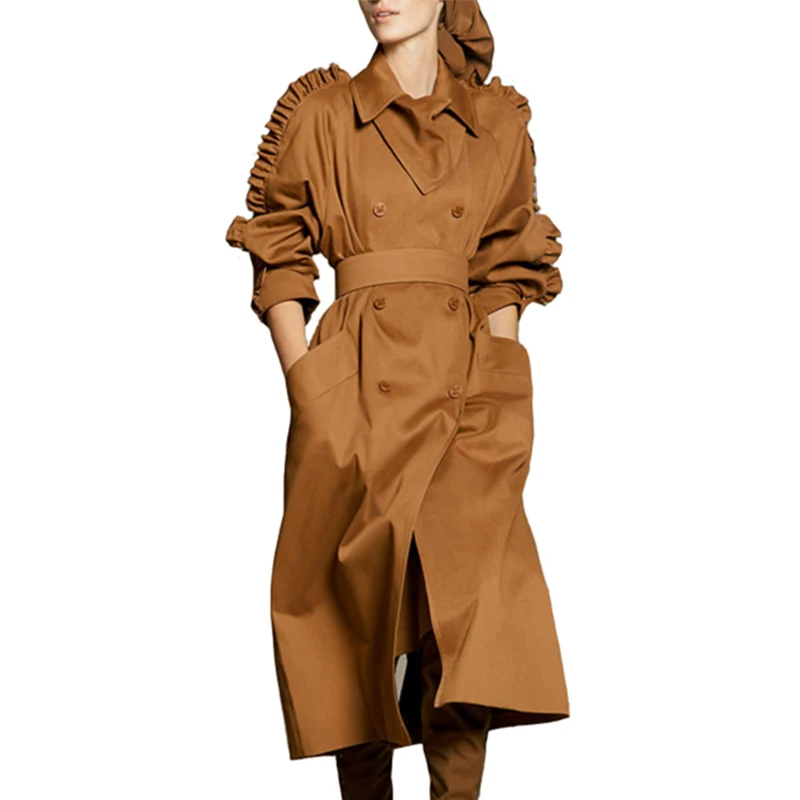 Женский Тренч винтажный с высокой талией двубортный осенний оборками Туника