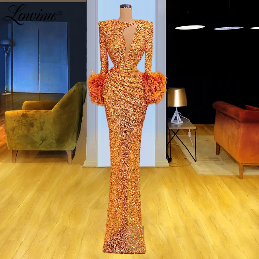 

Lowime Feather Beading Formal Long Sleeves Evening Dresses Dubai Arabic Mermaid Party Dress 2021 Customized Plus Size Prom Dress