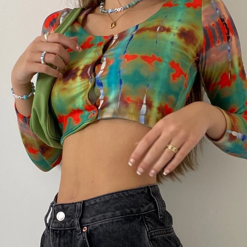 

Rapwriter Tie Dye Printed Crop Top Harajuku Single Breasted Tshirt Women Autumn Long Sleeve Tee Trendy O Neck Top 90s Streetwear