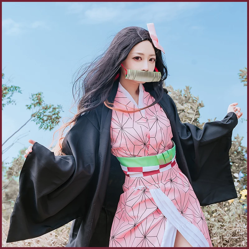 Kamado Nezuko Anime Cosplay Costume Wig Demon Slayer Kimetsu no Yaiba Kimono Uniform Cloak Full Set Halloween Gradient hair |