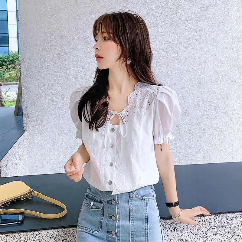 

Fashion Hollow Out Square Collar Summer Women Blouse 2021 Sweet Lace-up White Shirt Top Casual Puff Short Sleeve Blusas 10046