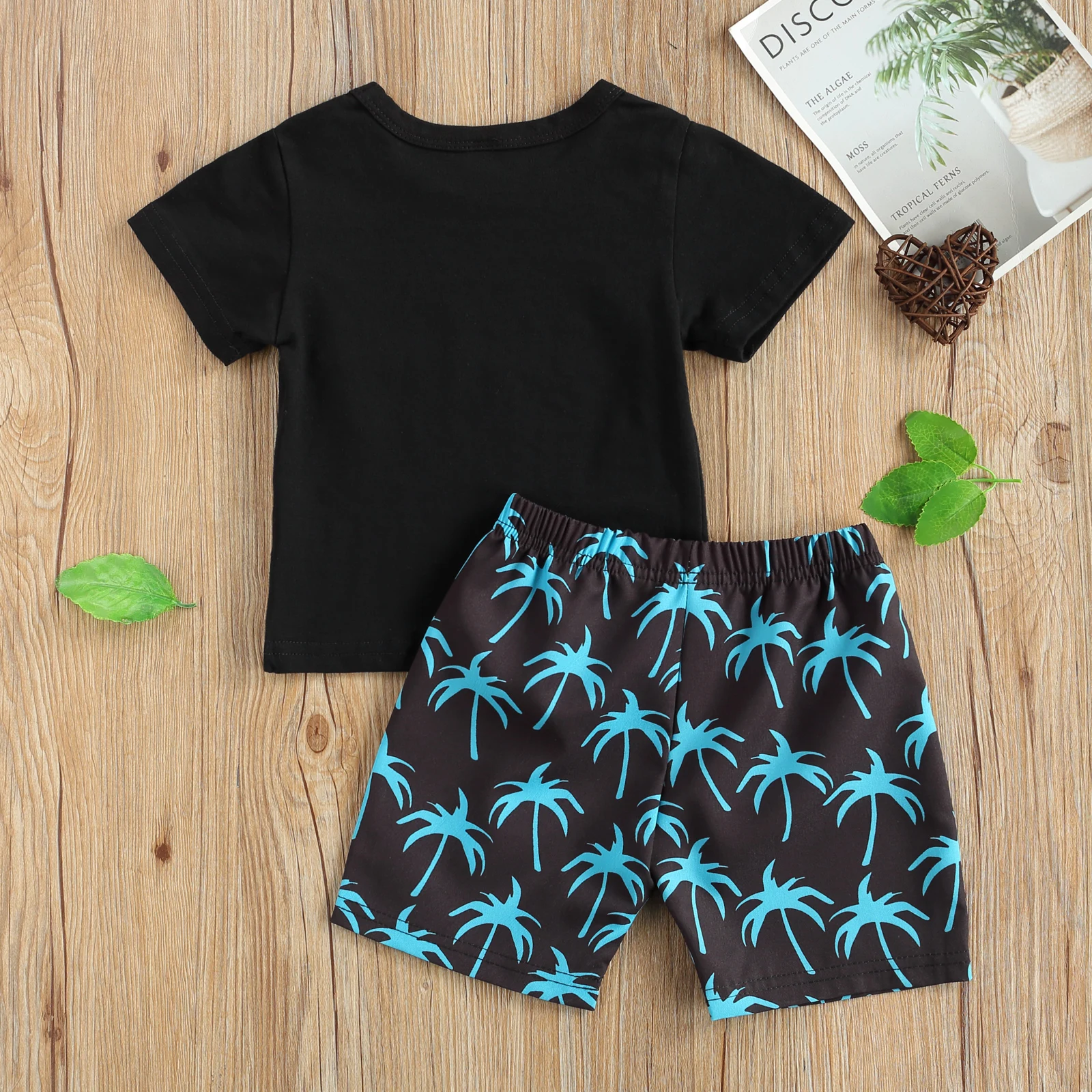 

2021 New Summer 0-3Y Baby Boy 2Pcs Set HOLA LADIES Letter Print Black Short Sleeve T-Shirt+Blue Palm Tree Shorts Kid Clothes