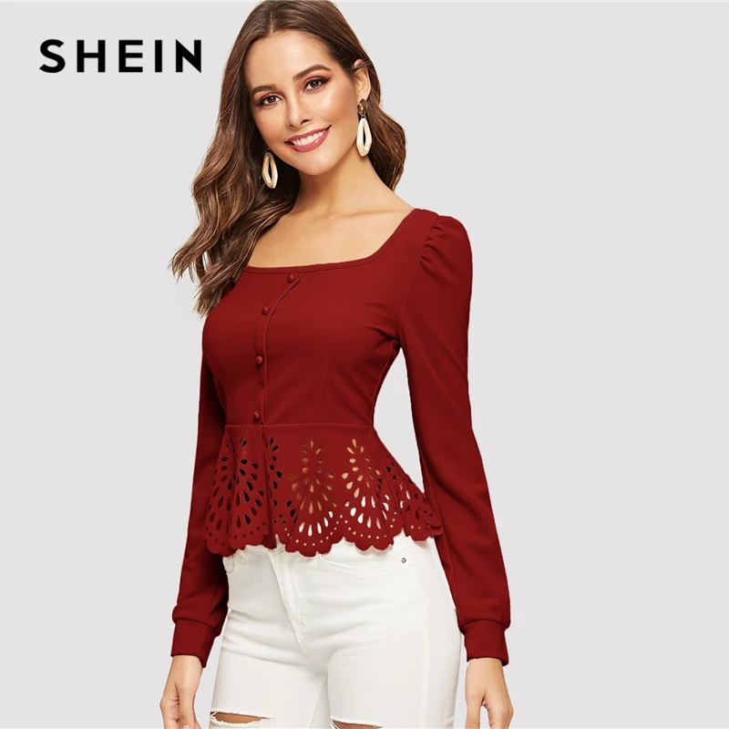 SHEIN блуза на пуговицах с квадратным воротником и баской, с пышными рукавами, Женские топы и блузки, весенний элегантный облегающий Топ