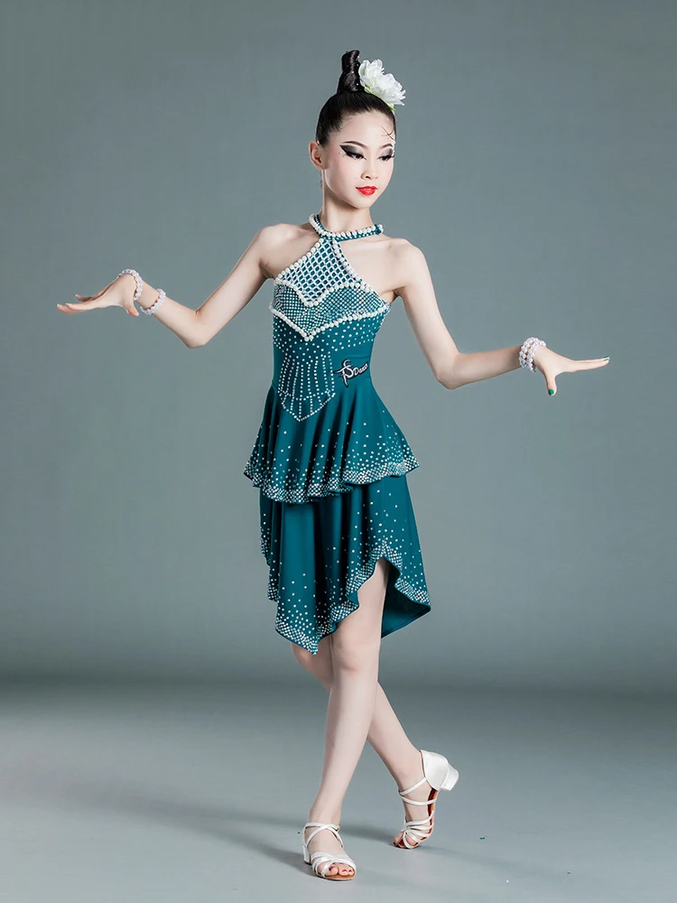 

Children'S Latin Dance Dress For Girls' High-End Pearl-Studded Floral Costumes Latin Professional Competition Dance Dress DN9774